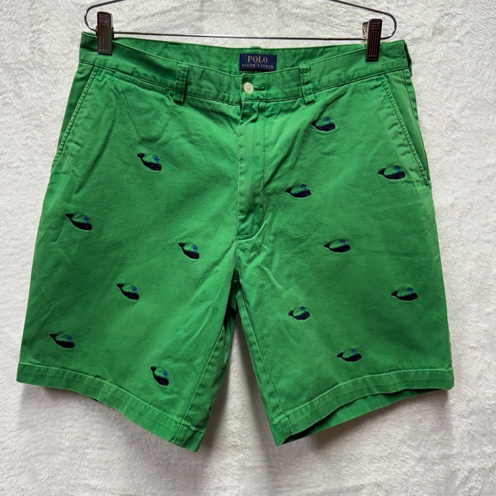 Polo Ralph Lauren Embroidered Whale Chino Shorts Mens 35 Green Cotton Preppy